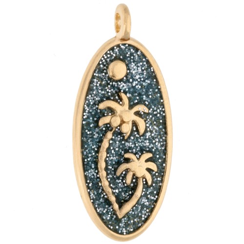 Pendentif ovale 28.5x12.5 mm motif palmiers - Doré à l'or fin - Bleu gris pailleté