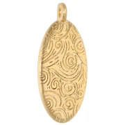 Pendentif ovale 28.5x12.5 mm motif palmiers - Doré à l'or fin - Bleu gris pailleté