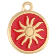 Breloque ronde irrégulière 15 mm - motif soleil - Doré à l'or fin - Corail fluo x1