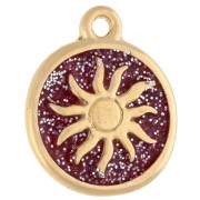 Breloque ronde irrégulière 15 mm - motif soleil - Doré à l'or fin - Rose pailleté