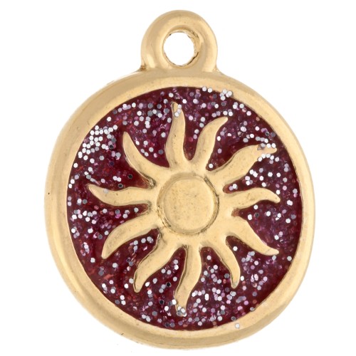 Breloque ronde irrégulière 15 mm - motif soleil - Doré à l'or fin - Rose pailleté