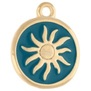 Breloque ronde irrégulière 15 mm - motif soleil - Doré à l'or fin - Bleu pétrole