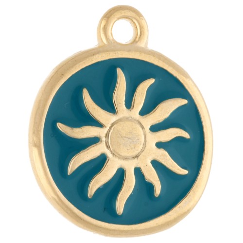 Breloque ronde irrégulière 15 mm - motif soleil - Doré à l'or fin - Bleu pétrole