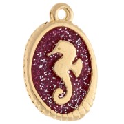 Pendentif ovale 21x13.5 mm - motif hippocampe - Doré à l'or fin - Rose pailleté x1