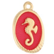 Pendentif ovale 21x13.5 mm - motif hippocampe - Doré à l'or fin - Corail fluo x1