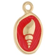 Breloque ovale 19x11 mm - motif coquillage - Doré à l'or fin - Corail fluo x1