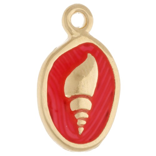 Breloque ovale 19x11 mm - motif coquillage - Doré à l'or fin - Corail fluo x1