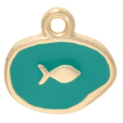 Breloque ovale irrégulière 13mm - motif poisson - Doré à l'or fin - Vert Turquoise