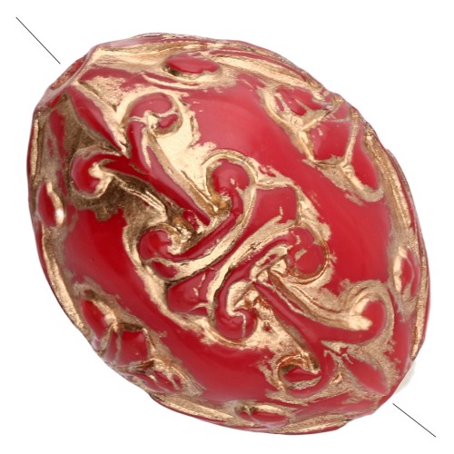 Perle olive 14x11 mm en résine opaque - décor baroque - Rouge - Doré x1