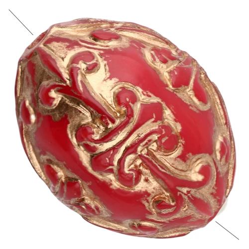 Perle olive 14x11 mm en résine opaque - décor baroque - Rouge - Doré x1