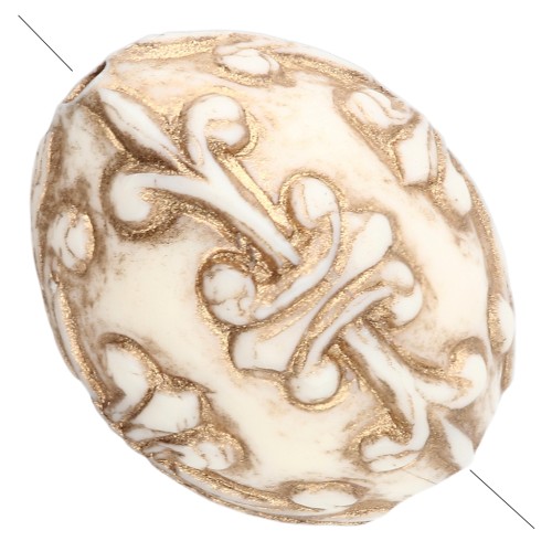 Perle olive 14x11 mm en résine opaque - décor baroque - Ivoire - Doré x1