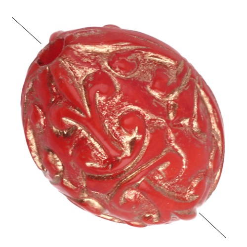 Perles olive 10x8 mm en résine opaque - décor baroque - Rouge - Doré x4
