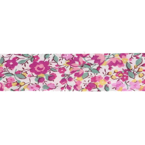 Biais en tissu Liberty - Emma and Georgina - Blanc - Fuchsia - Vert x1m