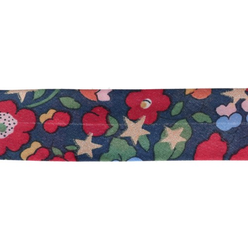Biais en tissu Liberty - Christmas Betsy - Bleu nuit - Rouge - Doré x1m