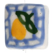 Perle carrée 16 mm en céramique - motif citron - Bleu - Jaune x1
