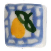Perle carrée 16 mm en céramique - motif citron - Bleu - Jaune x1