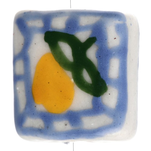 Perle carrée 16 mm en céramique - motif citron - Bleu - Jaune x1