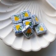 Perle carrée 16 mm en céramique - motif citron - Bleu - Jaune x1