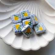 Perle carrée 16 mm en céramique - motif citron - Bleu - Jaune x1