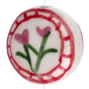 Perle ronde aplatie 19 mm en céramique - motif fleurs - Blanc - Rose x1