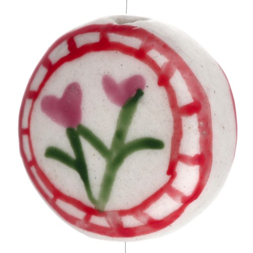 Perle ronde aplatie 19 mm en céramique - motif fleurs - Blanc - Rose x1