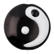 Perle ronde aplatie 16.2 mm en verre - motif Yin et Yang - Noir - Blanc x1