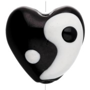 Perle coeur 13.5x14 mm en verre - motif Yin et Yang - Noir - Blanc x1