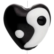 Perle coeur 13.5x14 mm en verre - motif  Yin et Yang - Noir - Blanc x1