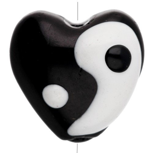 Perle coeur 13.5x14 mm en verre - motif  Yin et Yang - Noir - Blanc x1