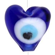 Perle coeur 9.5x11 mm en verre - motif oeil - Bleu foncé - Blanc x1