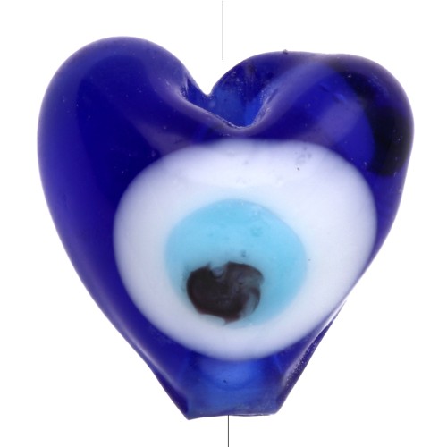 Perle coeur 9.5x11 mm en verre - motif oeil - Bleu foncé - Blanc x1