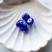 Perles rondelles 14x9.5 mm en verre - motif oeil - Bleu foncé - Blanc x4