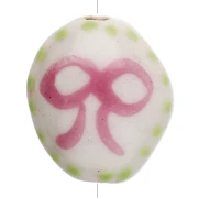 Perle ovale 15x12.5 mm en céramique - Motif noeud - Blanc - Rose - Vert x1