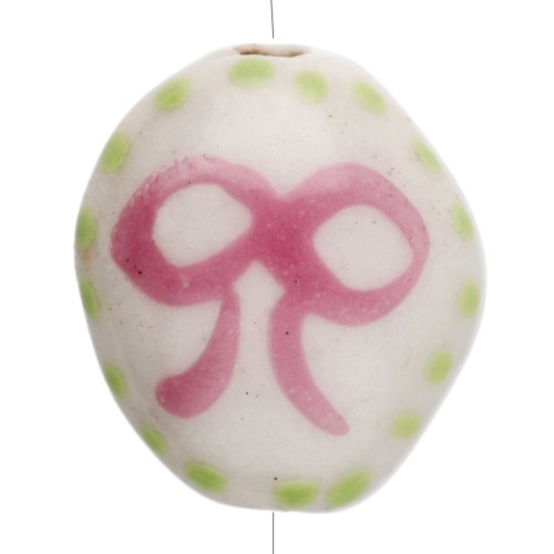 Perle ovale 15x12.5 mm en céramique - Motif noeud - Blanc - Rose - Vert x1