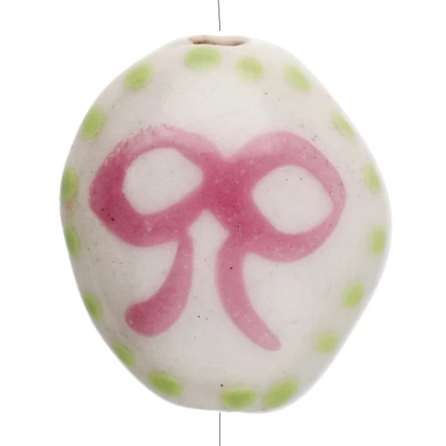 Perle ovale 15x12.5 mm en céramique - Motif noeud - Blanc - Rose - Vert x1