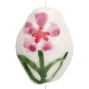 Perle ovale 15.5x12.5 mm en céramique - Motif fleur - Blanc - Rose - Vert x1