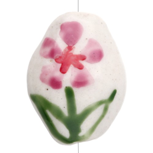 Perle ovale 15.5x12.5 mm en céramique - Motif fleur - Blanc - Rose - Vert x1