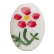 Perle ovale 19.5x14.5 mm en céramique - Motif fleur - Blanc - Rouge - Vert x1