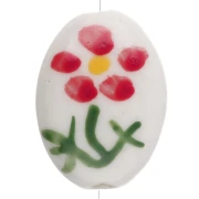 Perle ovale 19.5x14.5 mm en céramique - Motif fleur - Blanc - Rouge - Vert x1