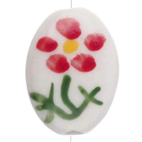 Perle ovale 19.5x14.5 mm en céramique - Motif fleur - Blanc - Rouge - Vert x1
