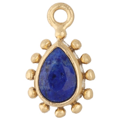 Breloque goutte 13x8 mm avec petites boules - Doré à l'or fin - Lapis lazuli x1