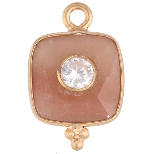 Pendentif carré 17x11mm pierre gemme & CZ - Doré à l'or fin - Pierre de lune Peach