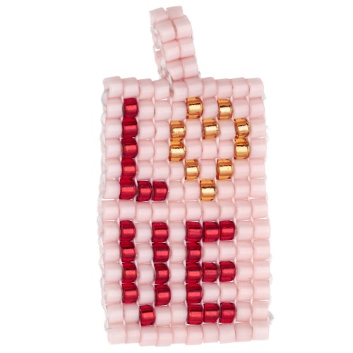 Pendentif rectangle 29x14 mm en perles de rocailles motif LOVE - Rose - Rouge x1