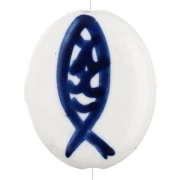Perle ovale 20x17 mm en céramique - motif poisson - Blanc - Bleu foncé x1