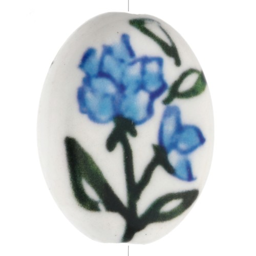 Perle ovale 19x16 mm en céramique - motif fleur - Blanc - Bleu - Vert x1