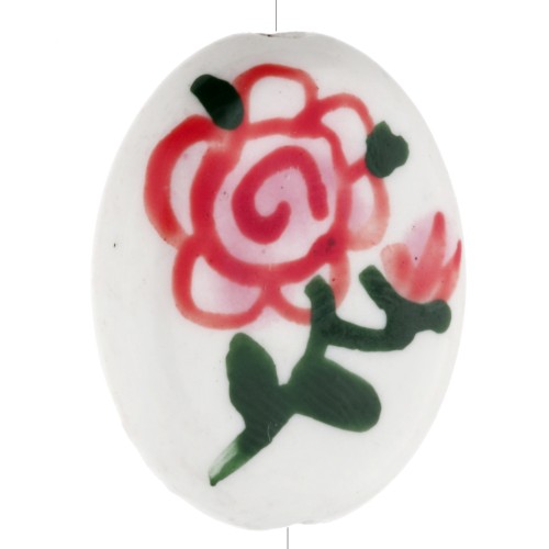 Perle ovale 19x16 mm en céramique - motif fleur - Blanc - Rose - Vert x1
