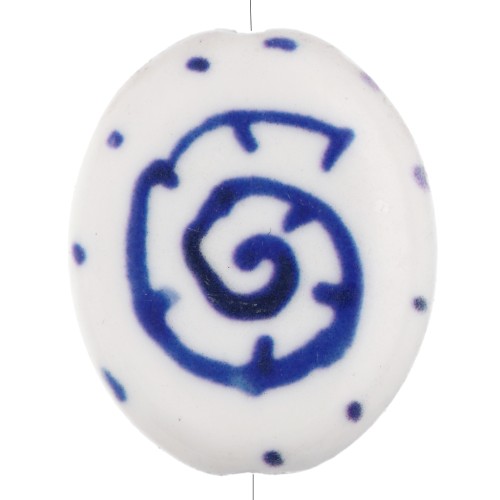 Perle ovale 18.5x15 mm en céramique - motif coquillage - Blanc - Bleu foncé x1