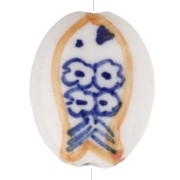 Perle ovale 21x16 mm en céramique - motif poisson - Blanc - Ocre - Bleu x1