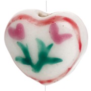 Perle coeur 12x14 mm en céramique - motif fleurs - Blanc - Rose x1