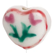 Perle coeur 12x14 mm en céramique - motif fleurs - Blanc - Rose x1
